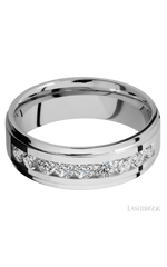7 mm wide/Flat Grooved Edges/Cobalt Chrome band with an arrangement of 9, .1 carat Round Diamond stones in a Channel setting.
