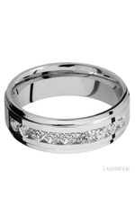 7 mm wide/Flat Grooved Edges/Cobalt Chrome band with an arrangement of 9, .1 carat Round Diamond stones in a Channel setting.