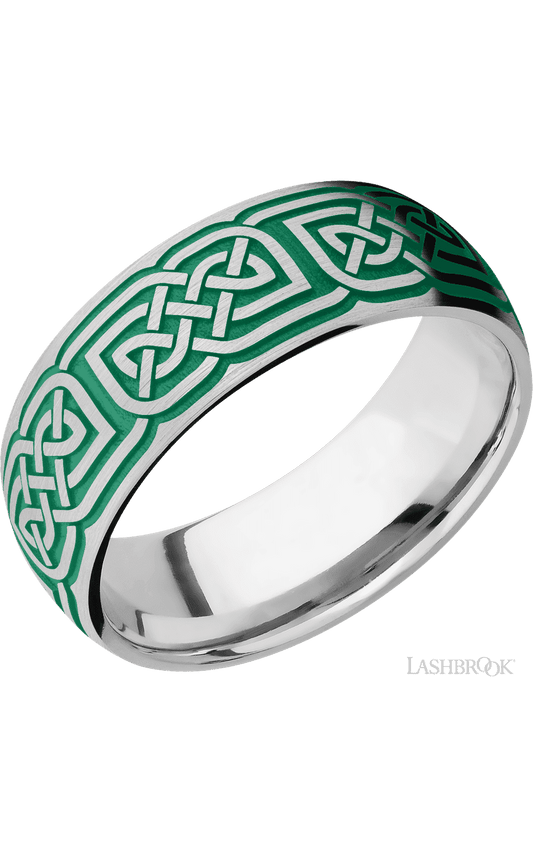 8 mm wide/Domed/Cobalt Chrome band with a laser carved Celtic 17 pattern.