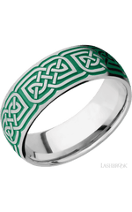 8 mm wide/Domed/Cobalt Chrome band with a laser carved Celtic 17 pattern.