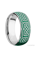 8 mm wide/Domed/Cobalt Chrome band with a laser carved Celtic 17 pattern.