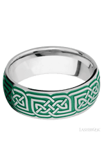 8 mm wide/Domed/Cobalt Chrome band with a laser carved Celtic 17 pattern.