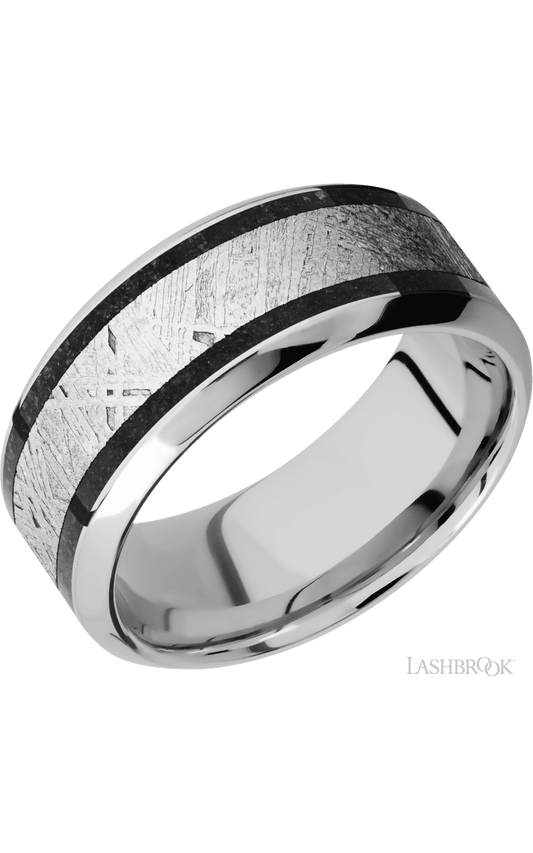 9 mm wide/High Bevel/Cobalt Chrome band featuring inlays of Dinosaur Bone Black and Meteorite.