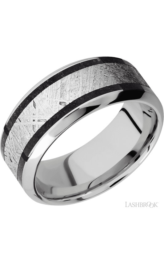 9 mm wide/High Bevel/Cobalt Chrome band featuring inlays of Dinosaur Bone Black and Meteorite.