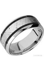 9 mm wide/High Bevel/Cobalt Chrome band featuring inlays of Dinosaur Bone Black and Meteorite.