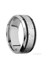 9 mm wide/High Bevel/Cobalt Chrome band featuring inlays of Dinosaur Bone Black and Meteorite.