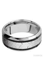 9 mm wide/High Bevel/Cobalt Chrome band featuring inlays of Dinosaur Bone Black and Meteorite.