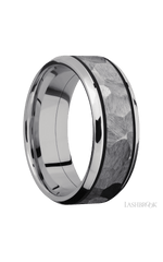 8 mm wide/Beveled/Cobalt Chrome band with one 5 mm Centered inlay of Tantalum.
