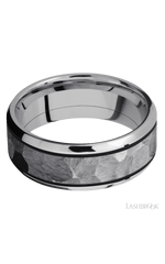 8 mm wide/Beveled/Cobalt Chrome band with one 5 mm Centered inlay of Tantalum.