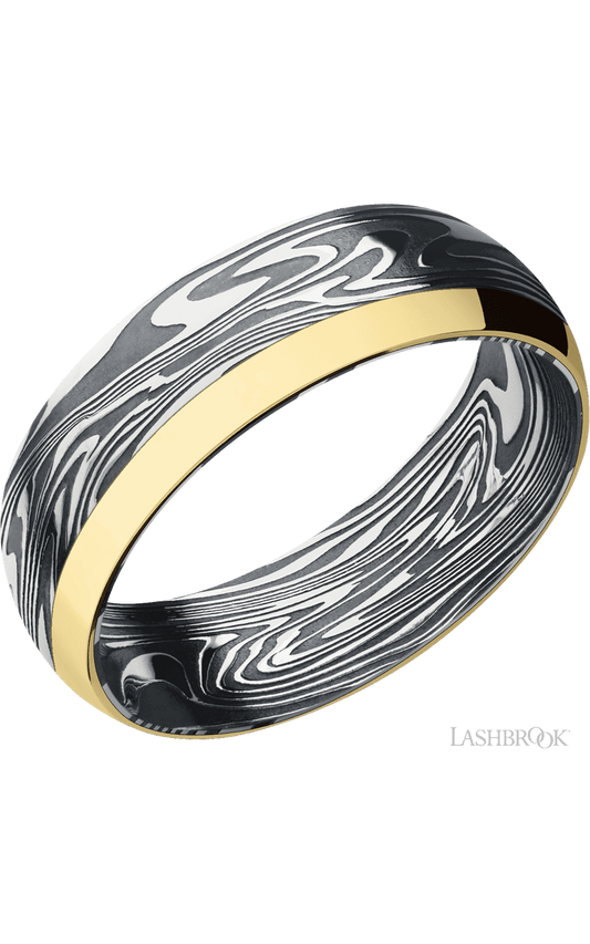 7 mm wide/Domed/Kinetic band with one 2 mm Off Center Edge inlay of 14K Yellow Gold.