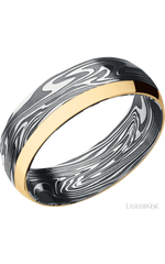 7 mm wide/Domed/Kinetic band with one 2 mm Off Center Edge inlay of 14K Yellow Gold.
