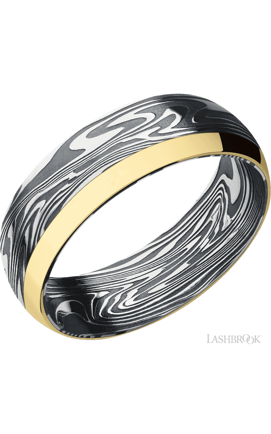 7 mm wide/Domed/Kinetic band with one 2 mm Off Center Edge inlay of 14K Yellow Gold.