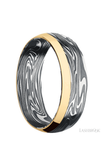 7 mm wide/Domed/Kinetic band with one 2 mm Off Center Edge inlay of 14K Yellow Gold.