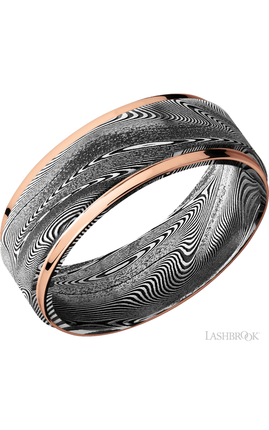 8 mm wide/Flat Grooved Edges/Tightweave band with two 1 mm Edge inlays of 14K Rose Gold.