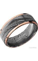 8 mm wide/Flat Grooved Edges/Tightweave band with two 1 mm Edge inlays of 14K Rose Gold.
