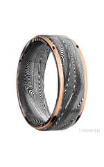 8 mm wide/Flat Grooved Edges/Tightweave band with two 1 mm Edge inlays of 14K Rose Gold.