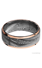 8 mm wide/Flat Grooved Edges/Tightweave band with two 1 mm Edge inlays of 14K Rose Gold.