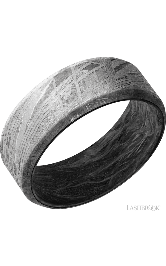 8 mm wide Beveled Meteorite band featuring a Forged Carbon Fiber sleeve.