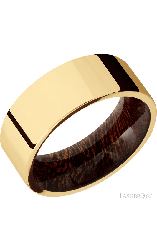 8 mm wide Flat 14K Yellow Gold band featuring a Sapele sleeve.