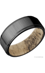 8 mm wide Flat Grooved Edges Zirconium band featuring a Spalted Tamarind sleeve.
