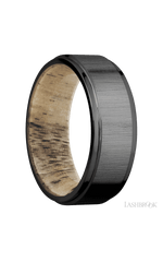 8 mm wide Flat Grooved Edges Zirconium band featuring a Spalted Tamarind sleeve.