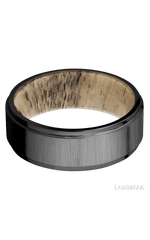 8 mm wide Flat Grooved Edges Zirconium band featuring a Spalted Tamarind sleeve.