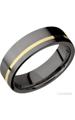 7 mm wide/Flat/Tantalum Noir band with one 1 mm Off Center inlay of 14K Yellow Gold.