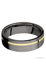 7 mm wide/Flat/Tantalum Noir band with one 1 mm Off Center inlay of 14K Yellow Gold.