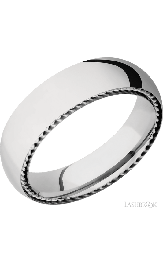 6 mm wide/Domed/14K White Gold band with two 1 mm Sidebraid inlays of 14K White Gold.