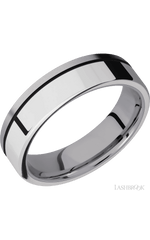 6 mm wide/Flat/Tantalum band with one 4 mm Off Center Edge inlay of Palladium Silver.