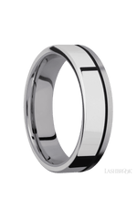 6 mm wide/Flat/Tantalum band with one 4 mm Off Center Edge inlay of Palladium Silver.
