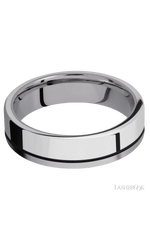 6 mm wide/Flat/Tantalum band with one 4 mm Off Center Edge inlay of Palladium Silver.