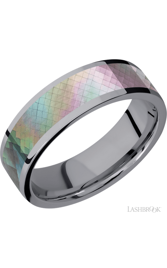 7 mm wide/Flat/Tantalum band with one 5 mm Centered inlay of Black Mother of Pearl.