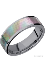 7 mm wide/Flat/Tantalum band with one 5 mm Centered inlay of Black Mother of Pearl.