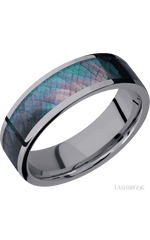 7 mm wide/Flat/Tantalum band with one 5 mm Centered inlay of Black Mother of Pearl.