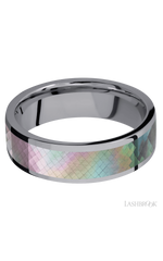 7 mm wide/Flat/Tantalum band with one 5 mm Centered inlay of Black Mother of Pearl.