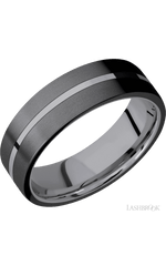 7 mm wide/Flat/Tantalum band with two 3 mm Double Off Center Edge inlays of Zirconium.