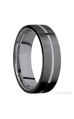 7 mm wide/Flat/Tantalum band with two 3 mm Double Off Center Edge inlays of Zirconium.