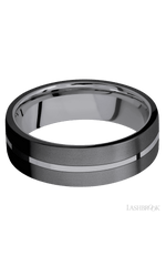 7 mm wide/Flat/Tantalum band with two 3 mm Double Off Center Edge inlays of Zirconium.