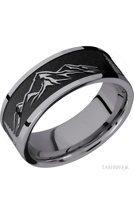 8 mm wide/Flat/Tantalum band with a laser carved Mountain 2 pattern.