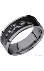 8 mm wide/Flat/Tantalum band with a laser carved Mountain 2 pattern.