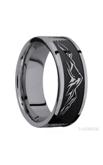 8 mm wide/Flat/Tantalum band with a laser carved Mountain 2 pattern.