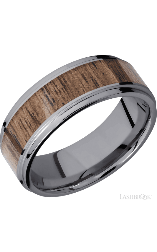 8 mm wide/Flat Grooved Edges/Tantalum band with one 5 mm Centered inlay of Walnut.
