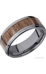 8 mm wide/Flat Grooved Edges/Tantalum band with one 5 mm Centered inlay of Walnut.