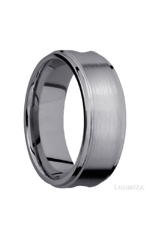 8 mm wide/Flat Grooved Edges/Tantalum band with one 5 mm Centered inlay of Walnut.