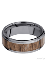 8 mm wide/Flat Grooved Edges/Tantalum band with one 5 mm Centered inlay of Walnut.