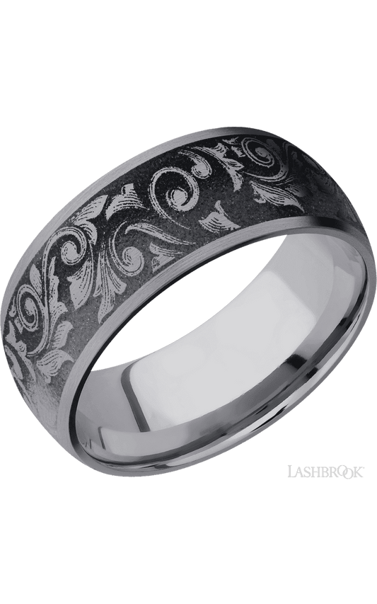 9 mm wide/Domed/Tantalum band with a laser carved Western Scroll pattern.