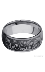 9 mm wide/Domed/Tantalum band with a laser carved Western Scroll pattern.