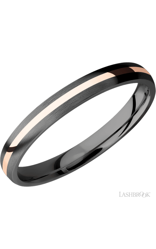 3 mm wide/Domed/Zirconium band with one 1 mm Centered inlay of 14K Rose Gold.