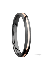 3 mm wide/Domed/Zirconium band with one 1 mm Centered inlay of 14K Rose Gold.